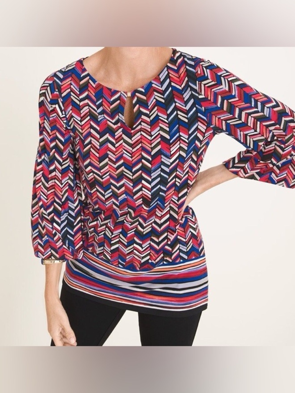 Chico's 3/4 Sleeve Blouse Top Shirt Women's Size 2 Red Blue Chevron Jersey